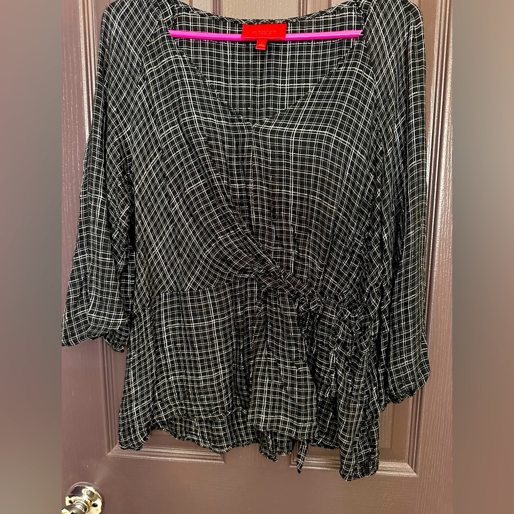 Jennifer Lopez Blouse black & silver plaid with side tie Size Large